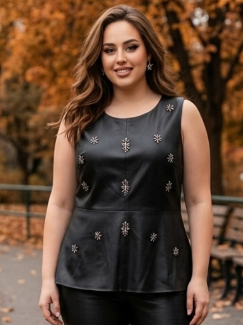 Lane Bryant Black Faux-Leather Sleeveless Top with Jewel Accents